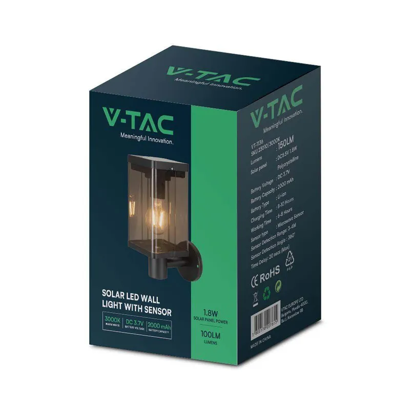 Kinkiet Ogrodowy Ścienny Solarny V-TAC 2.5W LED Czujnik Ruchu IP54 VT-1136 3000K 150LM 3 Lata Gwarancji