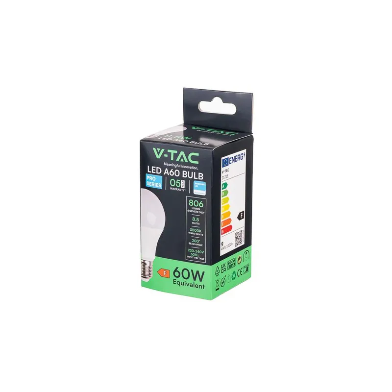 Żarówka LED V-TAC SAMSUNG CHIP 8,5W E27 A60 VT-210 3000K 806LM 5 Lat Gwarancji