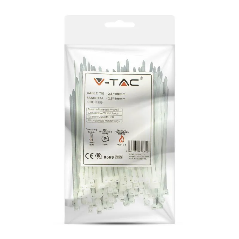 Opaski Zaciskowe V-TAC 2.5x100mm 8kg NYLON66 (Opak. 100szt) - Biała