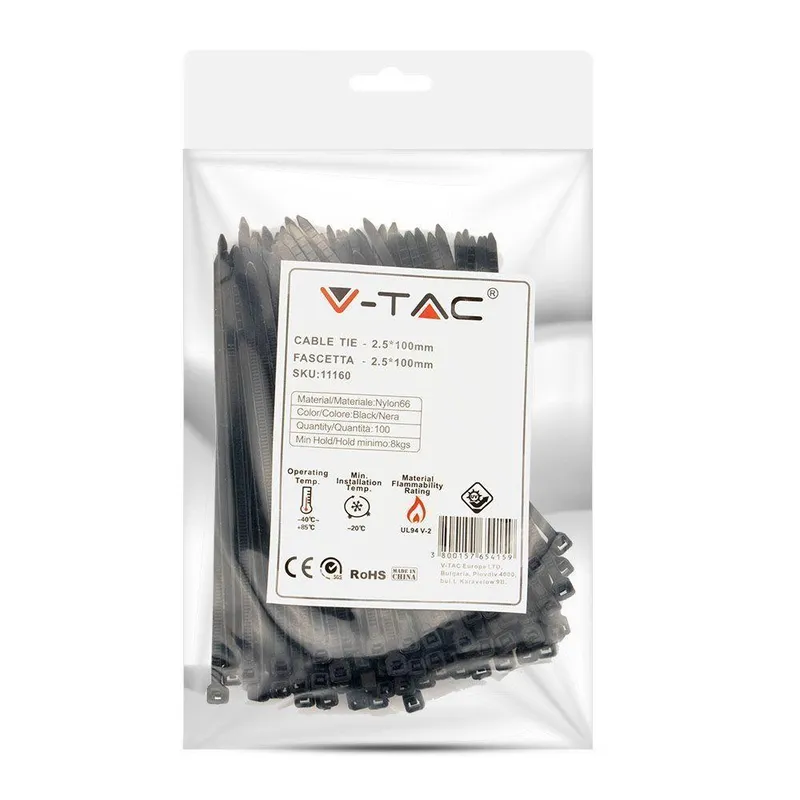 Opaski Zaciskowe V-TAC 2.5x100mm 8kg NYLON66 (Opak. 100szt) - Czarna