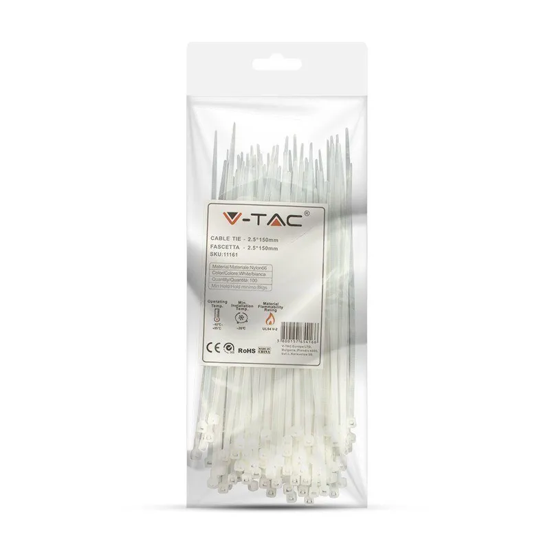 Opaski Zaciskowe V-TAC 2.5x150mm 8kg NYLON66 (Opak. 100szt) - Biała