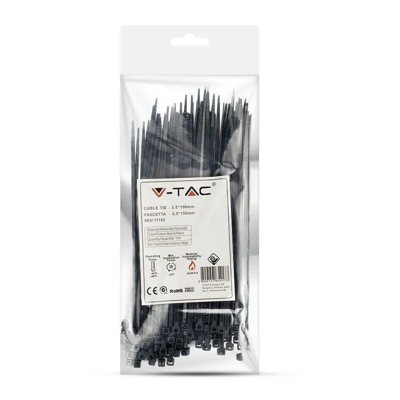 Opaski Zaciskowe V-TAC 2.5x150mm 8kg NYLON66 (Opak. 100szt) - Czarna