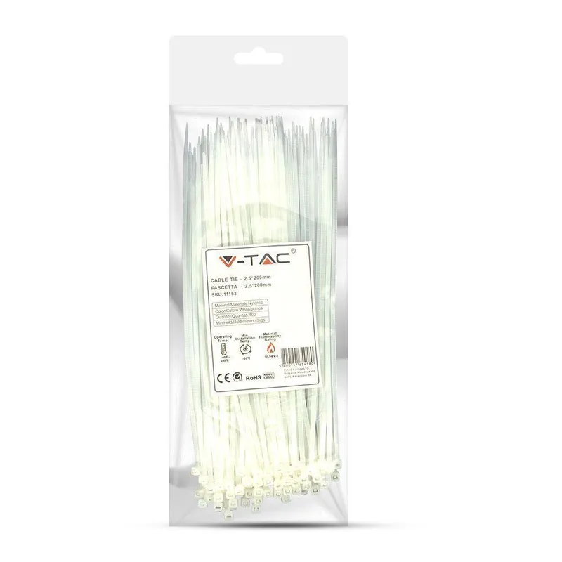 Opaski Zaciskowe V-TAC 2.5x200mm 8kg NYLON66 (Opak. 100szt) - Biała