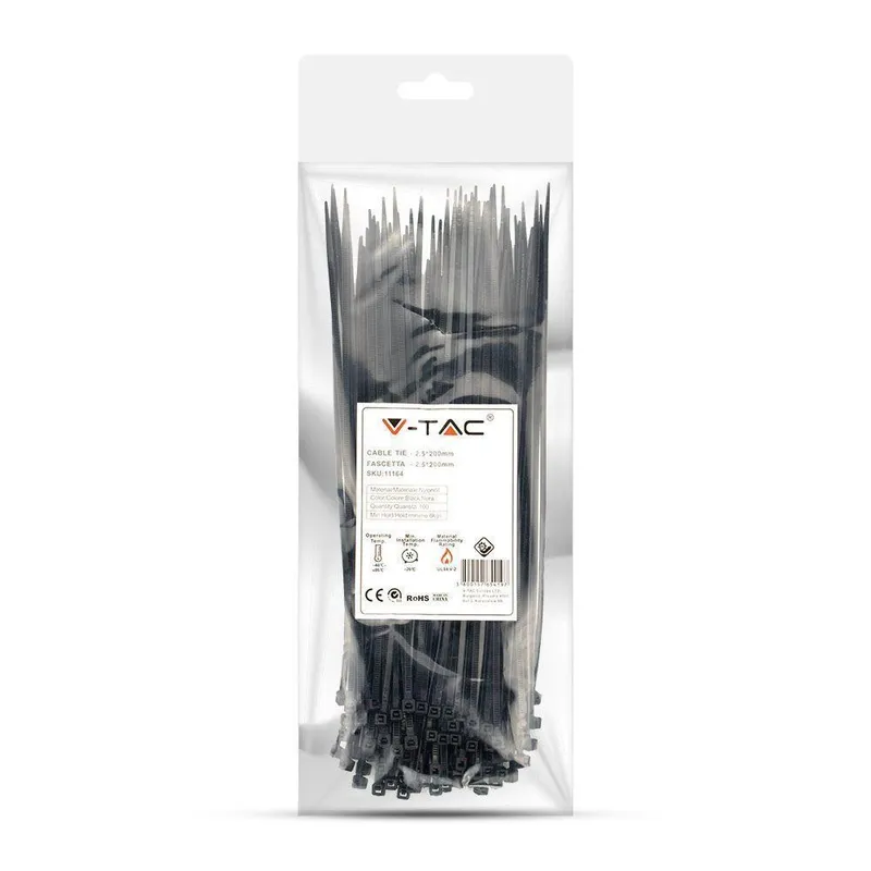 Opaski Zaciskowe V-TAC 2.5x200mm 8kg NYLON66 (Opak. 100szt) - Czarna