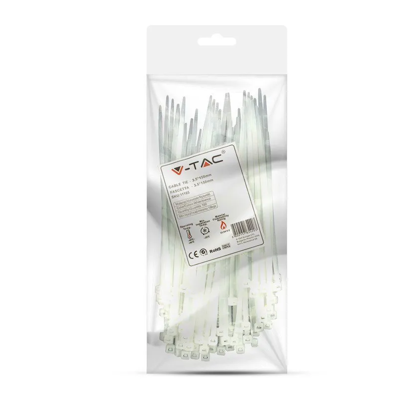 Opaski Zaciskowe V-TAC 3.5x150mm 18kg NYLON66 (Opak. 100szt) - Biała