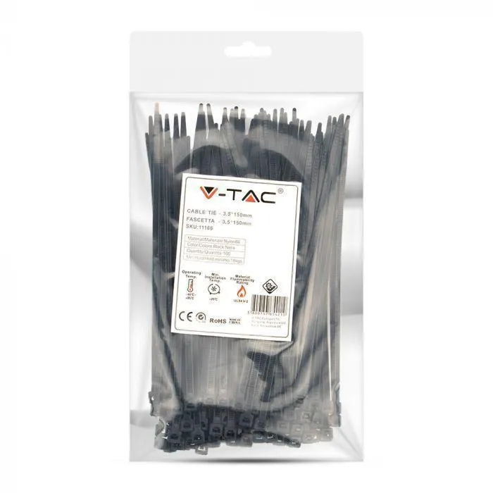 Opaski Zaciskowe V-TAC 3.5x150mm 18kg NYLON66 (Opak. 100szt) - Czarna