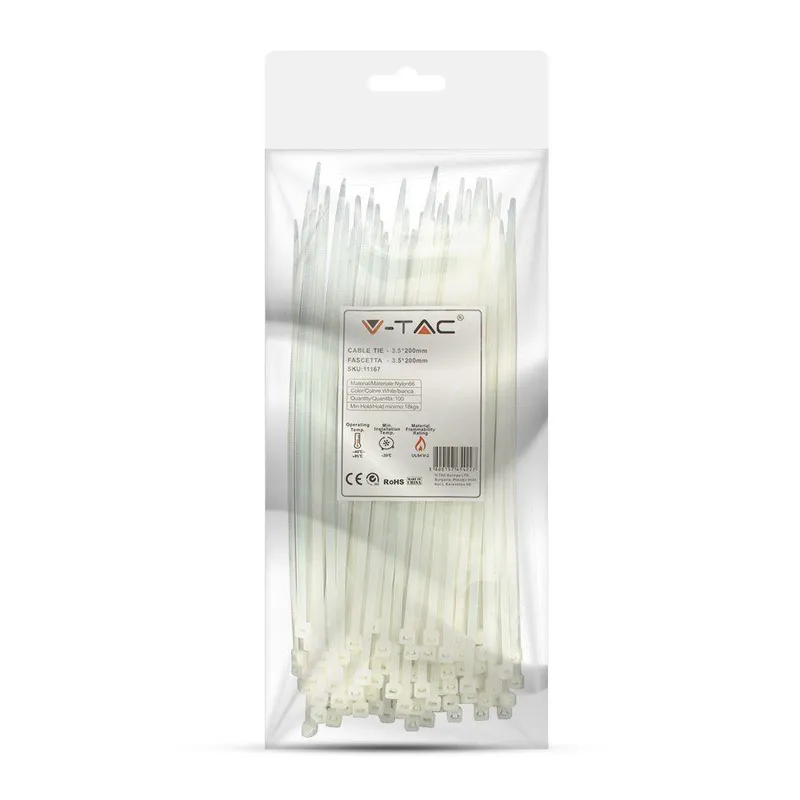Opaski Zaciskowe V-TAC 3.5x200mm 18kg NYLON66 (Opak. 100szt) - Biała