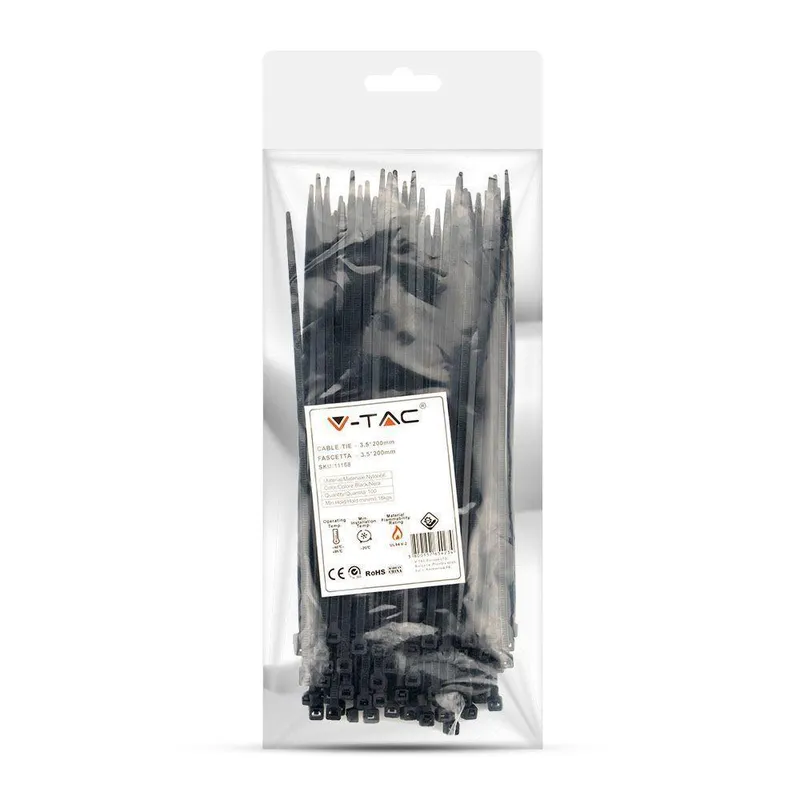 Opaski Zaciskowe V-TAC 3.5x200mm 18kg NYLON66 (Opak. 100szt) - Czarna