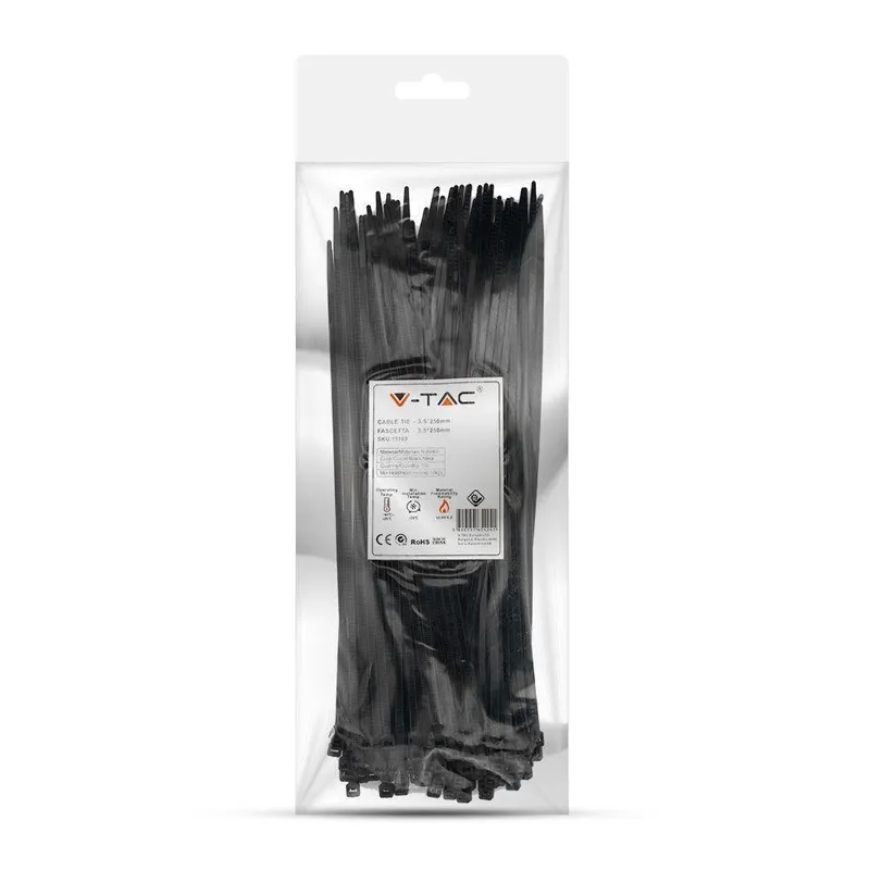 Opaski Zaciskowe V-TAC 3.5x250mm 18kg NYLON66 (Opak. 100szt) - Czarna