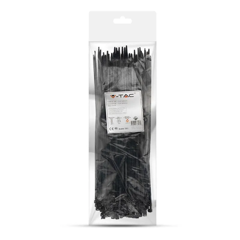Opaski Zaciskowe V-TAC 3.5x300mm 18kg NYLON66 (Opak. 100szt) - Czarna