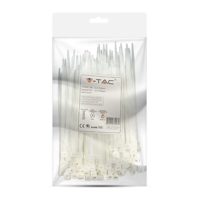 Opaski Zaciskowe V-TAC 4.5x150mm 22kg NYLON66 (Opak. 100szt) - Biała