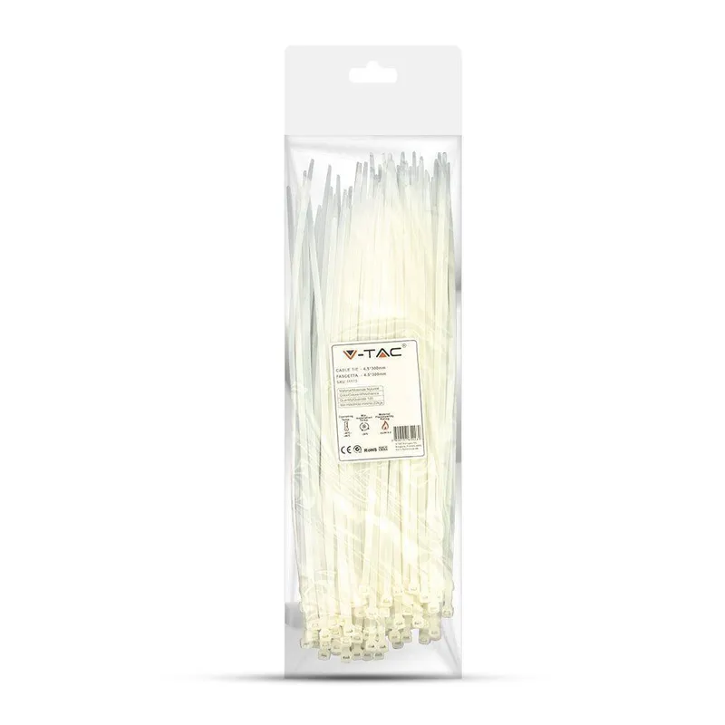Opaski Zaciskowe V-TAC 4.5x300mm 22kg NYLON66 (Opak. 100szt) - Biała
