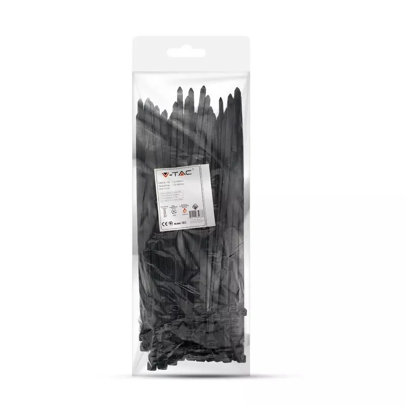 Opaski Zaciskowe V-TAC 7.6x300mm 23kg NYLON66 (Opak. 100szt) - Czarna