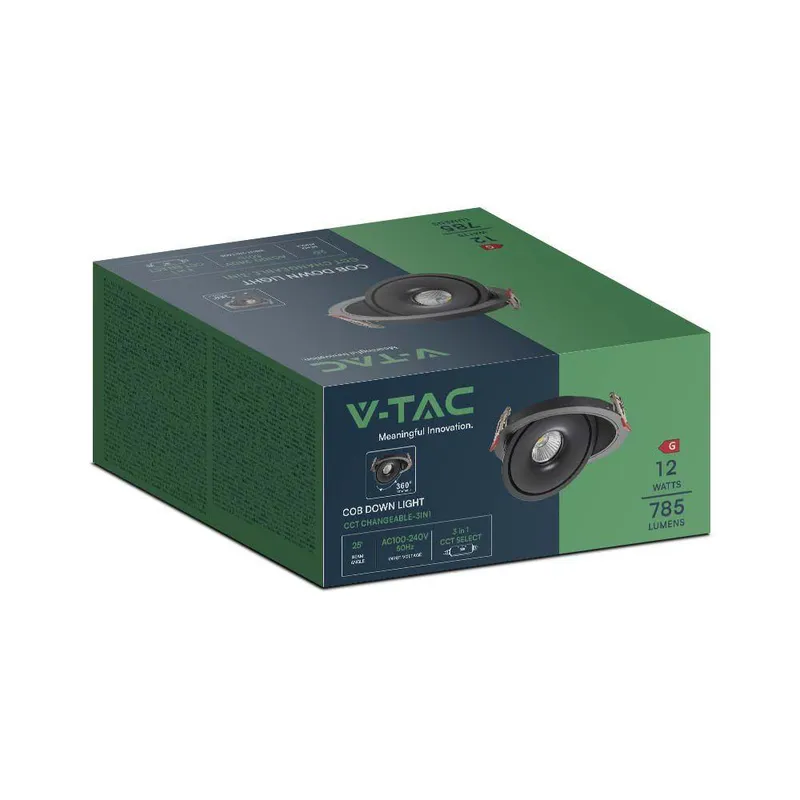Oprawa V-TAC LED Uchylny Downlight 12W LED COB CRI90+ CCT VT-2512 3000K-4000K-6400K 785LM - Czarna