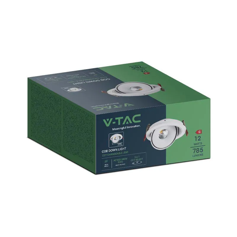 Oprawa V-TAC LED Uchylny Downlight 12W LED COB CRI90+ CCT VT-2512 3000K-4000K-6400K 785LM - Biała