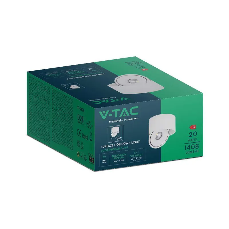 Oprawa Natynkowa Downlight V-TAC 20W Uchylna CRI90 CCT VT-2825 3000K-4000K-6400K 1408LM - Biała