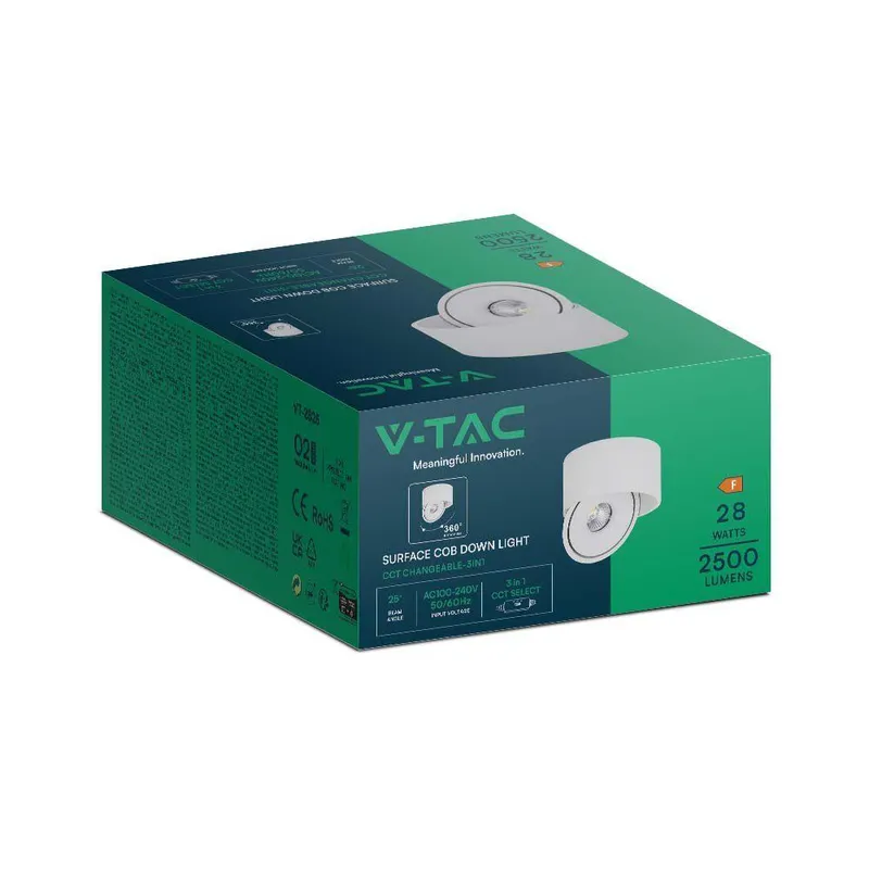 Oprawa Natynkowa Downlight V-TAC 28W Uchylna CRI90 CCT VT-2833 3000K-4000K-6400K 2500LM - Biała