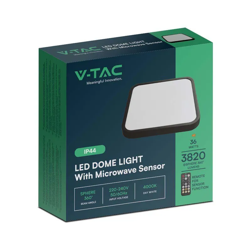 Oprawa Sufitowa Plafoniera V-TAC 36W LED Kwadrat 42x42cm Natynkowy Pilot Czujnik Ruchu IP44 VT-8630S 4000K 3820LM - Czarny