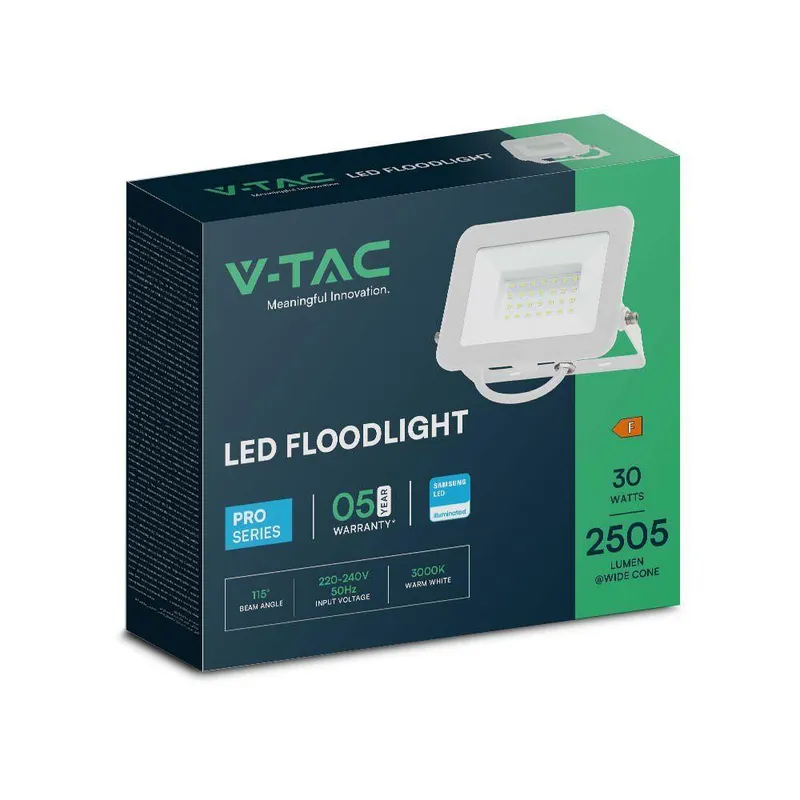 Naświetlacz LED V-TAC 30W SAMSUNG CHIP PRO-S VT-44030 6500K 2505LM 5 Lat Gwarancji - Biały