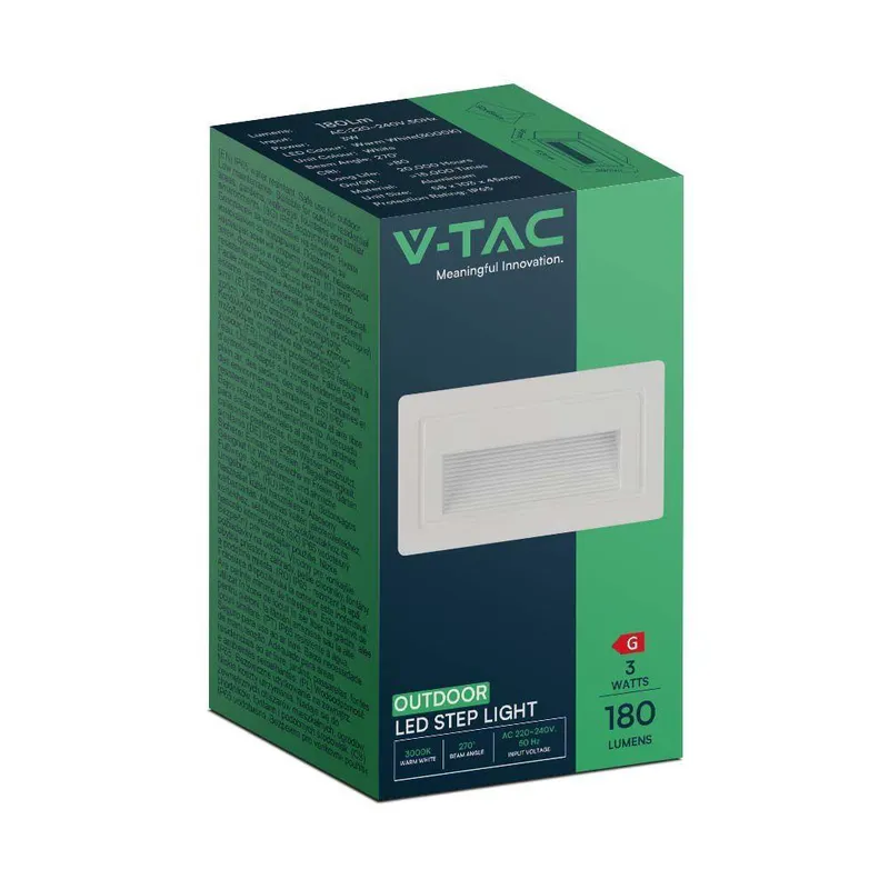 Oprawa Schodowa LED V-TAC 3W LED Prostokąt 230V VT-1130 3000K 180LM - Biała