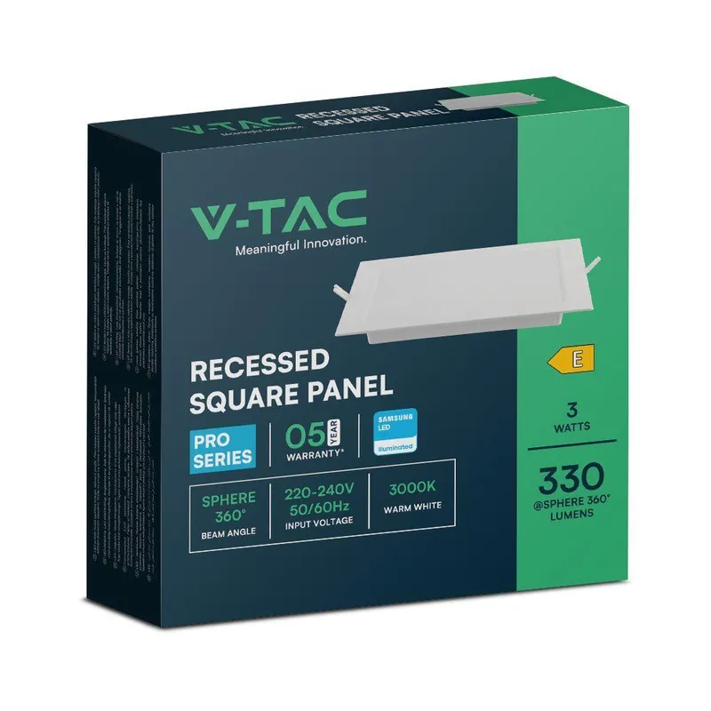 Panel Wpuszczany Downlight V-TAC 3W LED SAMSUNG CHIP Kwadrat 90x90mm VT-61003SQ-S 3000K 330LM 5 Lat Gwarancji
