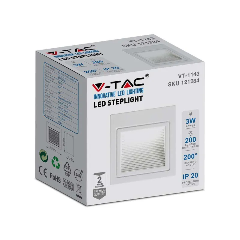Oprawa Schodowa LED V-TAC 3W LED Kwadrat 230V VT-1143 4000K 200LM - Biała