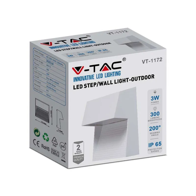 Oprawa Ścienna Elewacyjna 3W LED V-TAC Kwadrat 230V IP65 VT-1172-W-N 4000K 300LM - Biała