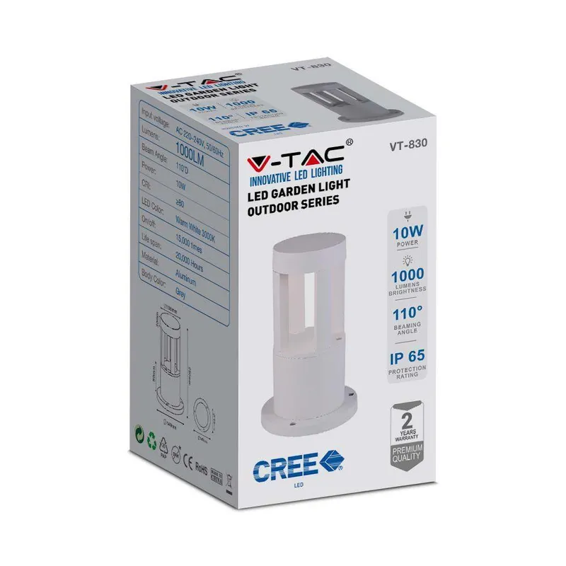 Słupek Ogrodowy V-TAC 10W LED IP65 25cm VT-830 6400K 1000LM - Biały