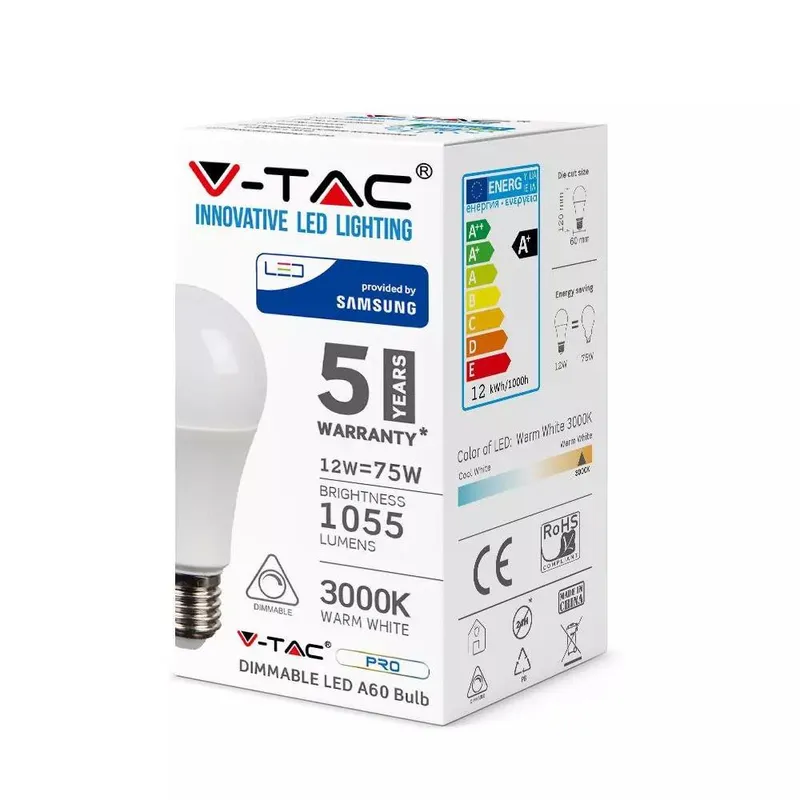 Żarówka LED V-TAC SAMSUNG CHIP 12W E27 A60 Ściemnialna VT-262D 6400K 1055LM 5 Lat Gwarancji