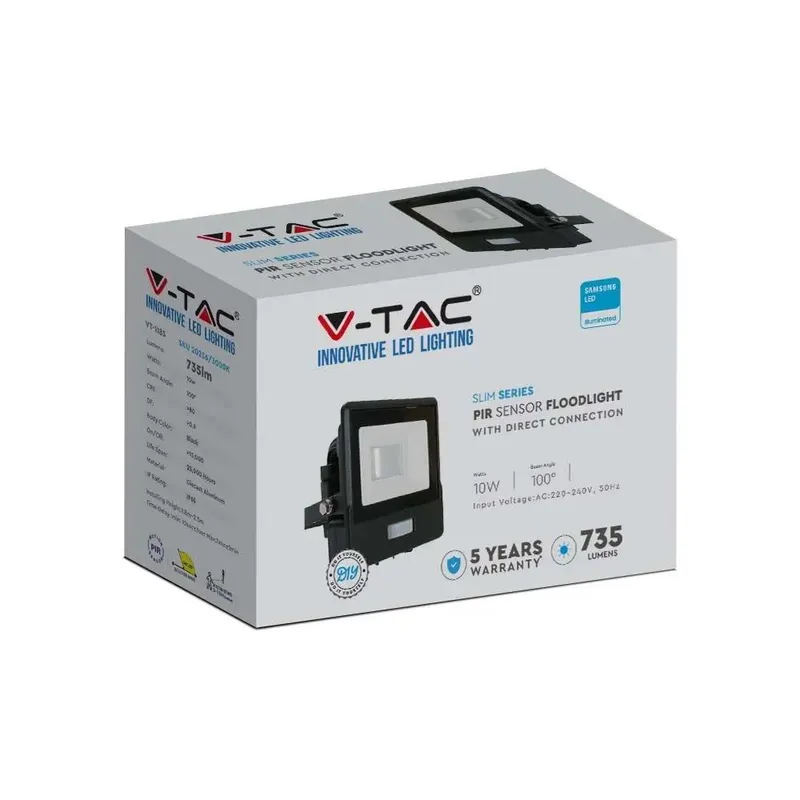 Naświetlacz LED V-TAC 10W SAMSUNG CHIP Czujnik Ruchu Z Mufą VT-118S 3000K 735LM 5 Lat Gwarancji - Czarny