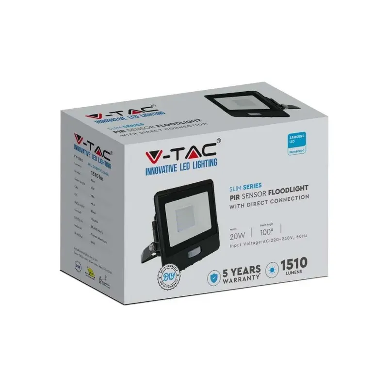 Naświetlacz LED V-TAC 20W SAMSUNG CHIP Czujnik Ruchu Z Mufą VT-128S-B 3000K 1510LM 5 Lat Gwarancji - Czarny