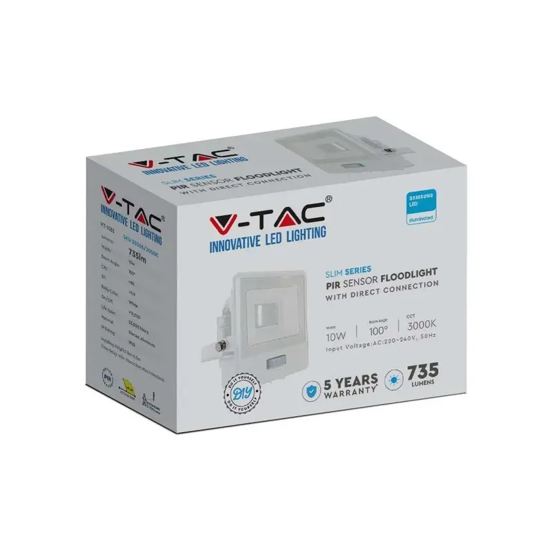 Naświetlacz LED V-TAC 10W SAMSUNG CHIP Czujnik Ruchu Z Mufą VT-118S 4000K 735LM 5 Lat Gwarancji - Biały