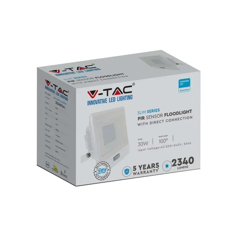 Naświetlacz LED V-TAC 30W SAMSUNG CHIP Czujnik Ruchu Z Mufą VT-138S 6500K 2340LM 5 Lat Gwarancji - Biały