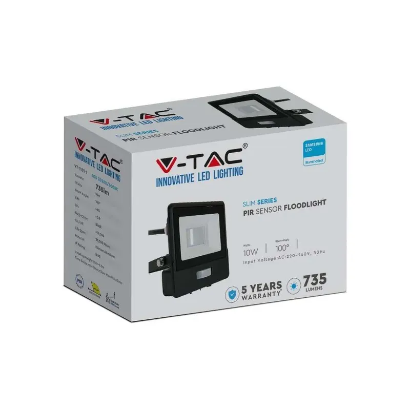 Naświetlacz LED V-TAC 10W SAMSUNG CHIP Czujnik Ruchu Przewód 1m VT-118S-1 6400K 735LM 5 Lat Gwarancji - Czarny