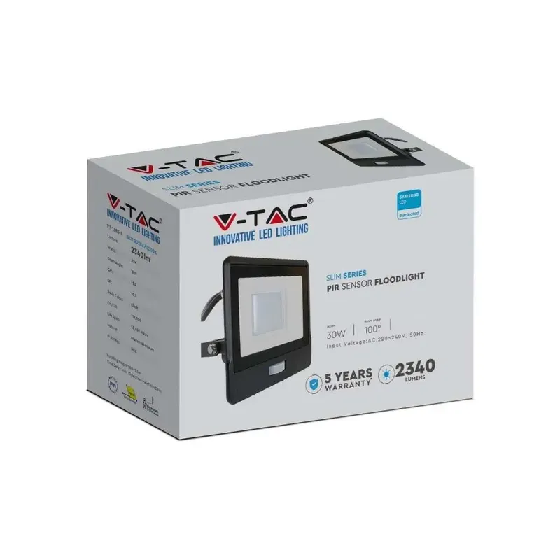 Naświetlacz LED V-TAC 30W SAMSUNG CHIP Czujnik Ruchu Przewód 1m VT-138S-1 6400K 2340LM 5 Lat Gwarancji - Czarny