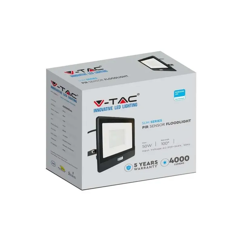Naświetlacz LED V-TAC 50W SAMSUNG CHIP Czujnik Ruchu Przewód 1m VT-158S-1 6400K 4000LM 5 Lat Gwarancji - Czarny