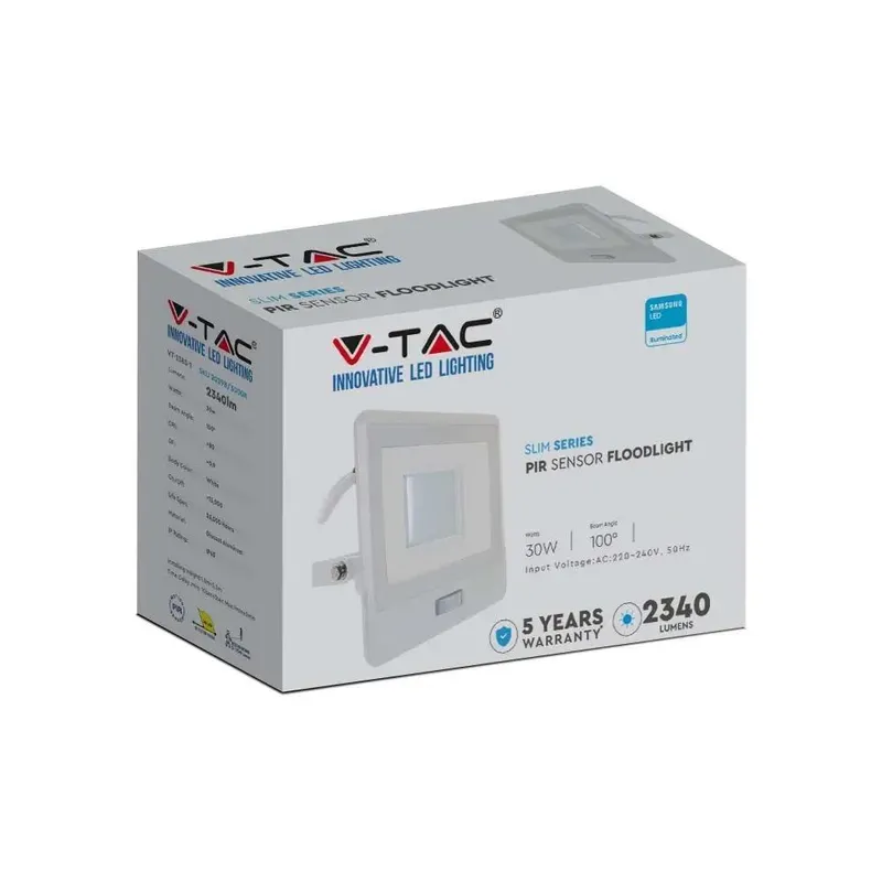 Naświetlacz LED V-TAC 30W SAMSUNG CHIP Czujnik Ruchu Przewód 1m VT-138S-1 6400K 2340LM 5 Lat Gwarancji - Biały