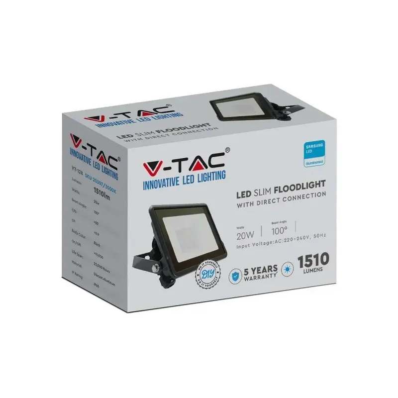 Naświetlacz LED V-TAC 20W SAMSUNG CHIP Z Mufą VT-128 6500K 1510LM 5 Lat Gwarancji - Czarny