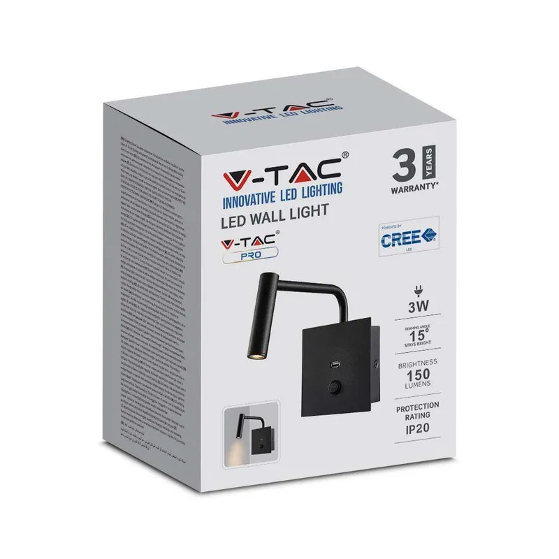 Oprawa LED V-TAC 3W Kinkiet Hotel Łóżko USB Włącznik COB CREE VT-2943 3000K 150LM 3 Lata Gwarancji - Czarny