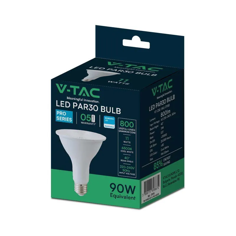 Żarówka LED V-TAC SAMSUNG CHIP 11W E27 PAR30 40ST VT-230 6500K 800LM 5 Lat Gwarancji