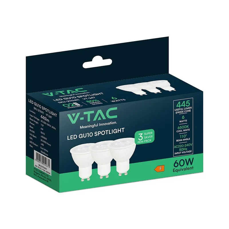 Żarówka LED V-TAC GU10 6W 110ST (Opak. 3szt) VT-247 6500K 445LM