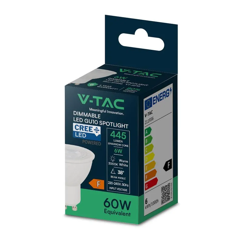 Żarówka LED V-TAC CREE CHIP 6W GU10 38ST Ściemnialna VT-227D 3000K 445LM 6 Lat Gwarancji