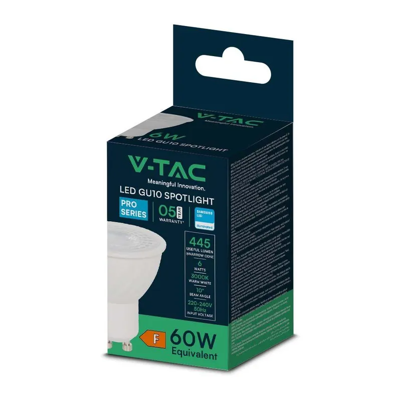Żarówka LED V-TAC SAMSUNG CHIP GU10 6W 10ST (Wąski Kąt Światła) VT-249 4000K 445LM 5 Lat Gwarancji