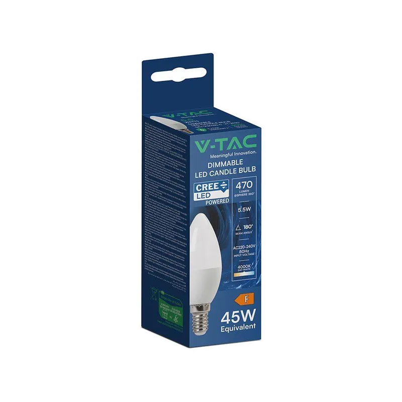 Żarówka LED V-TAC CREE CHIP 5.5W E14 Świeczka Ściemnialna VT-293D 4000K 470LM 6 Lat Gwarancji