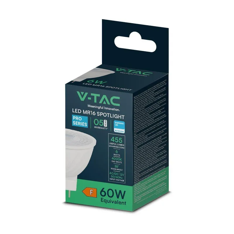 Żarówka LED V-TAC SAMSUNG CHIP 6W GU5.3 MR16 12V 38ST VT-257 6400K 455LM 5 Lat Gwarancji
