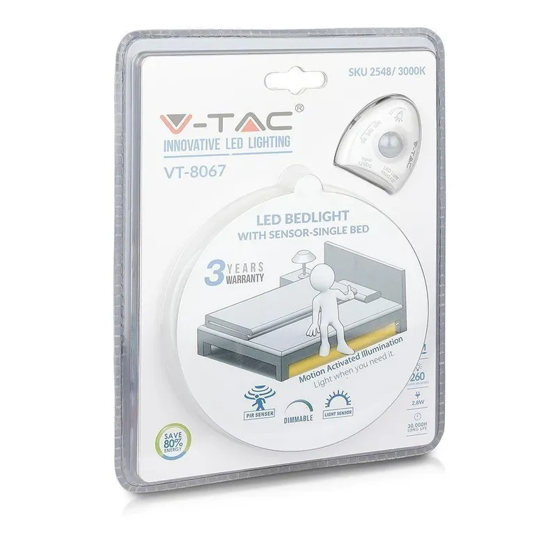 Nocne Oświetlenie LED V-TAC Czujnik Ruchu Pojedyncze Łóżko VT-8067 4000K 260LM 3 Lata Gwarancji