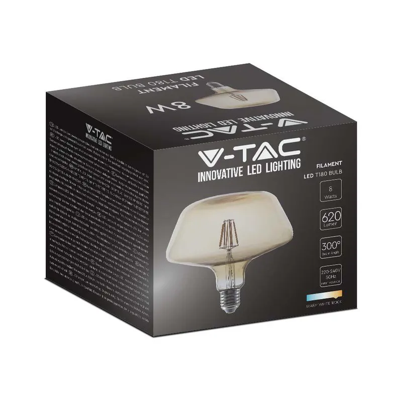 Żarówka LED V-TAC 8W Filament E27 T180 Bursztynowa 175x150mm VT-2308-N 2200K 620LM