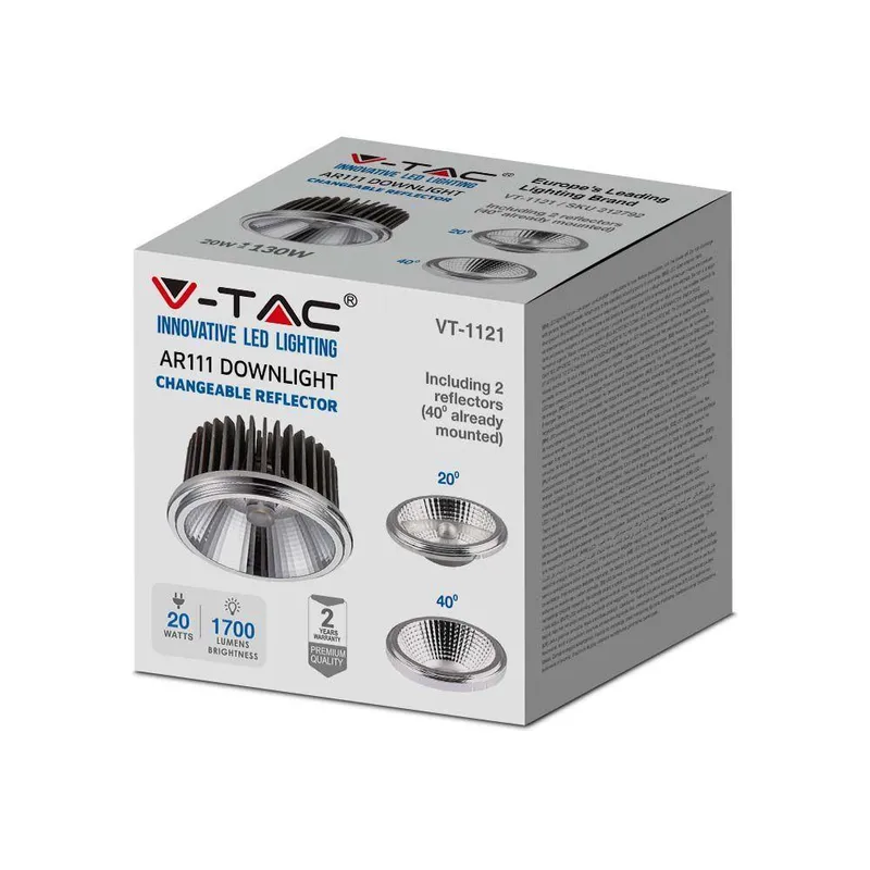 Żarówka LED V-TAC 20W G53 AR111 Wymienny Reflektor 40ST/20ST VT-1121-N 6400K 1700LM