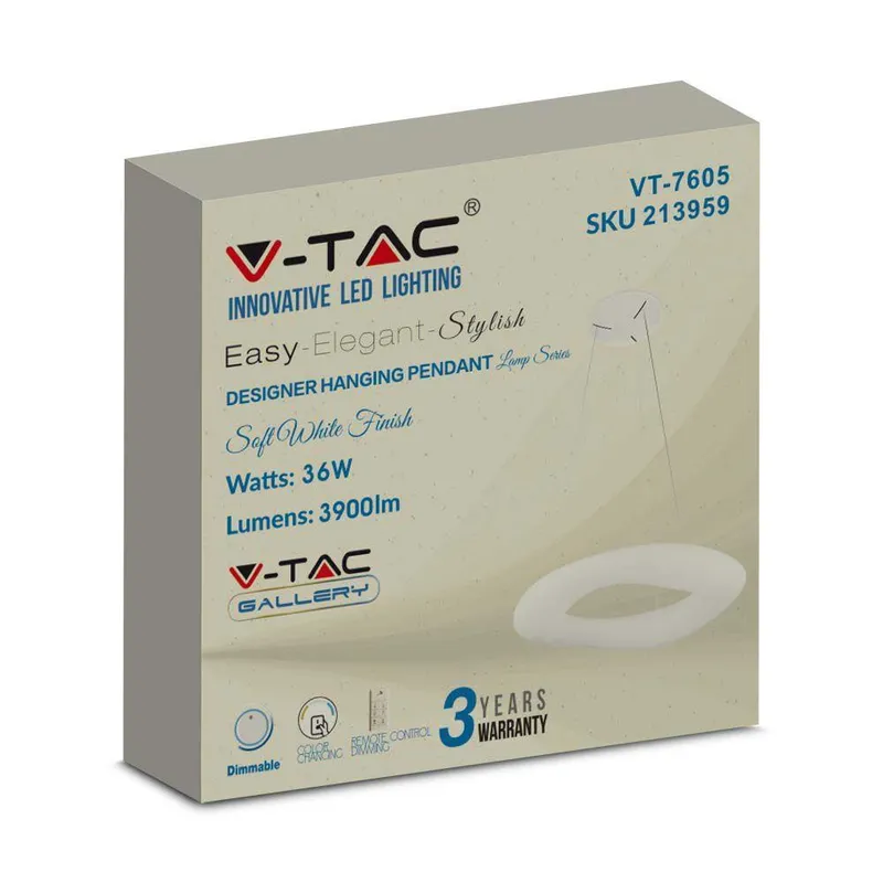 Oprawa Zwieszana LED V-TAC 38W Zmiana Barwy 60cm Ściemnianie VT-7605-N 2700K-6400K 3300LM 3 Lata Gwarancji - Biała