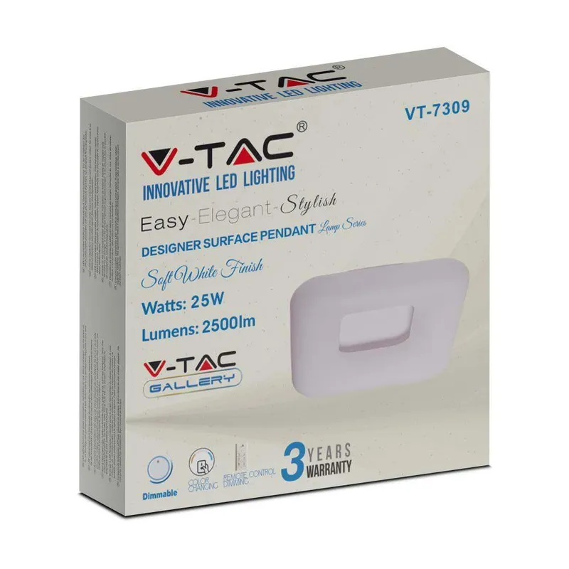 Oprawa Sufitowa Plafoniera V-TAC 25W LED Kwadrat Zmiana Barwy 30x30cm Ściemnianie VT-7309 2700K-6400K 2500LM 3 Lata Gwarancji - Biały